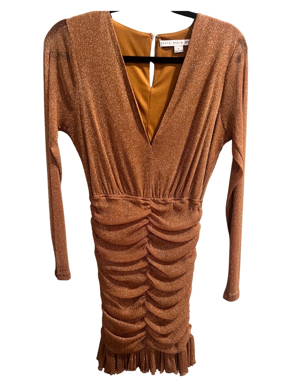 HYFVE Copper Metallic Long Sleeve Ruched V-Neck Dress